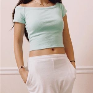 Mint green ribbed off-the-shoulder crop too